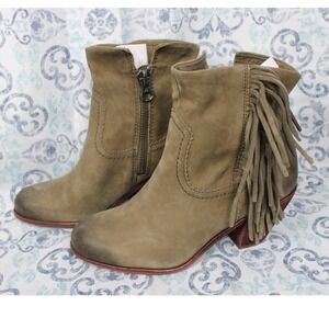 Sam Edelman Suede Fringe Ankle Boots‎ Side Zip Block Heel Boho Western Size 7